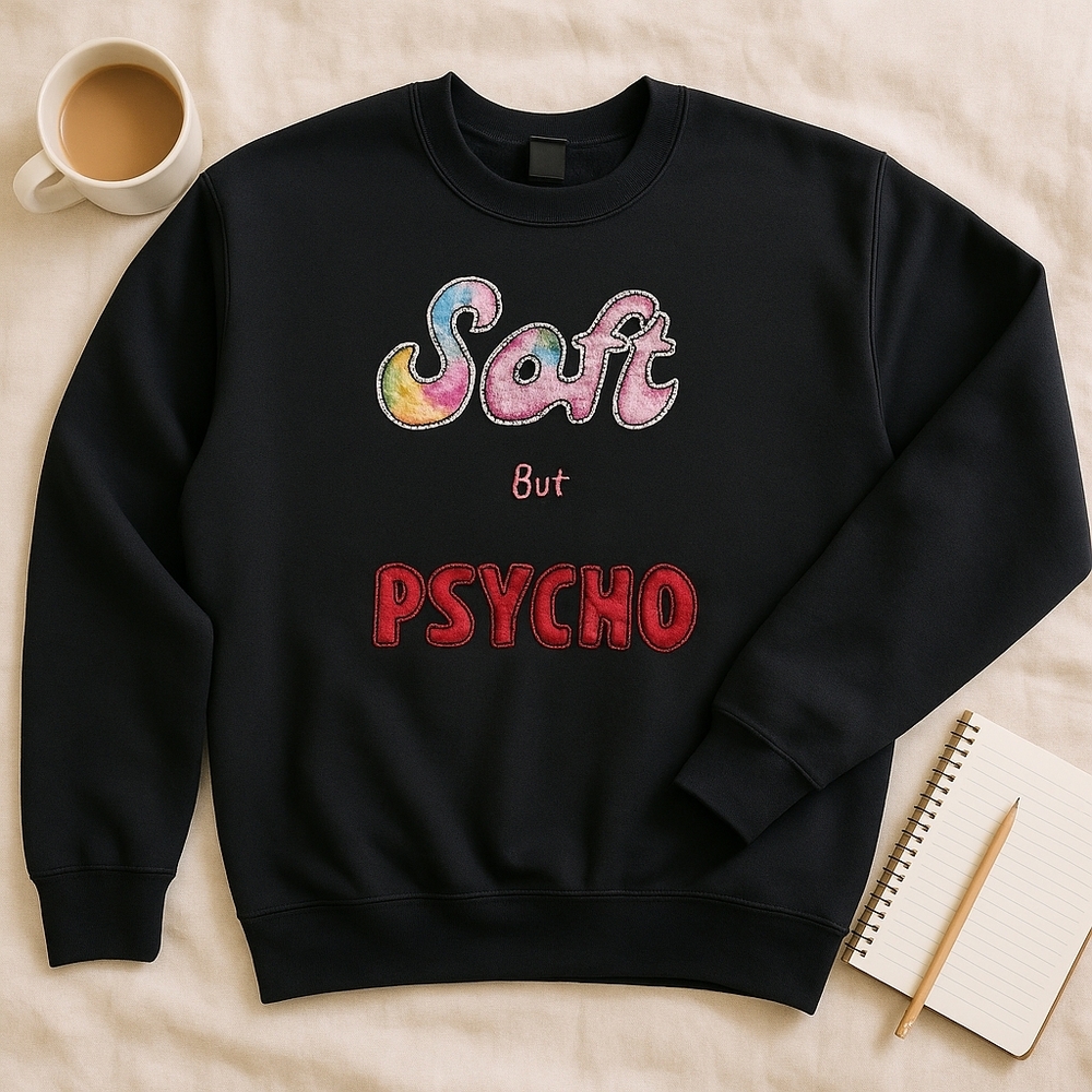 Hand Embroidered Soft but psycho‎ Black Gildan Small Reverse Applique Sweatshirt